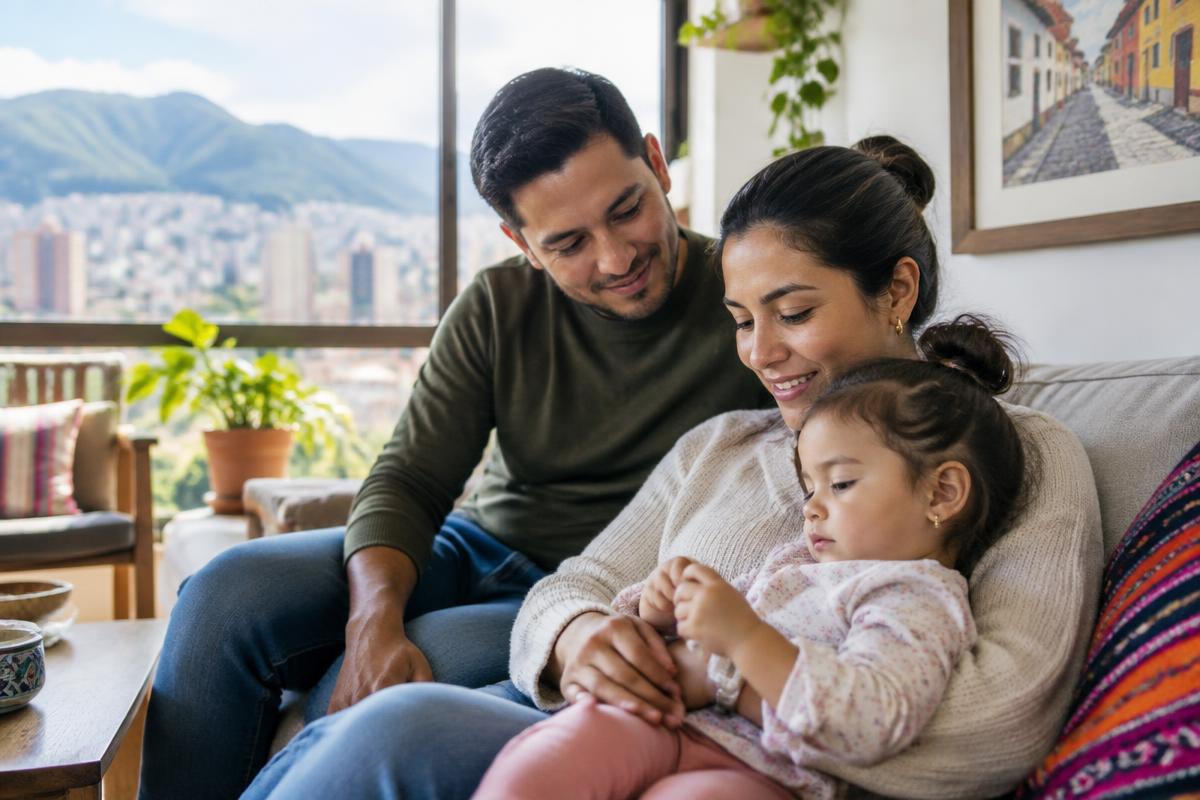 Familia colombiana compartiendo en su hogar